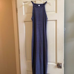 Navy and white pinstriped midi dress with leg slit on side